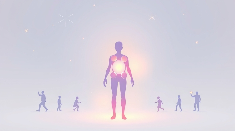 Stylizowana sylwetka z jaśniejących kul, otoczona łagodnymi zarysami ścieżek życia.