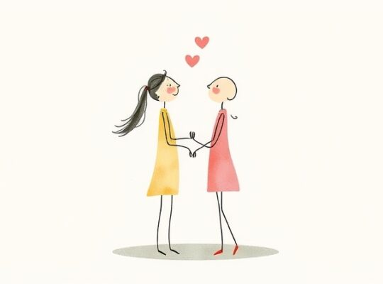 Abstrakcyjne postacie połączone harmonijnymi liniami, symbolizujące równowagę emocjonalną w relacjach.