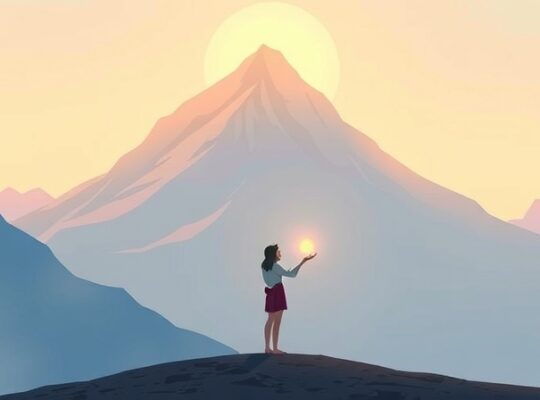 Spokojna postać z promienną kulą u podnóża łagodnie świecącej góry.