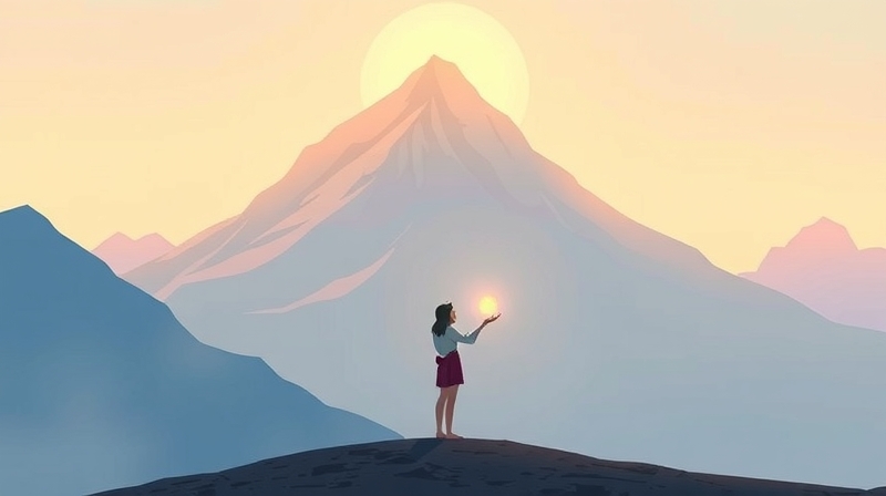 Spokojna postać z promienną kulą u podnóża łagodnie świecącej góry.