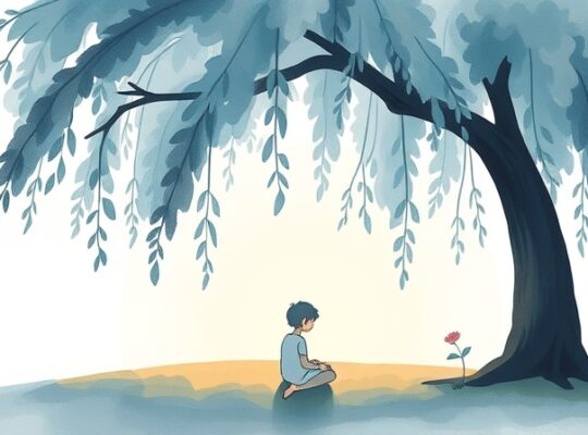 Ilustracja pastelowa: postać pod drzewem łez z kwitnącym kwiatem, symbolizująca akceptację bólu i wzrost.