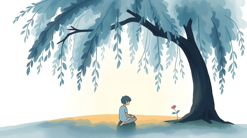 Ilustracja pastelowa: postać pod drzewem łez z kwitnącym kwiatem, symbolizująca akceptację bólu i wzrost.