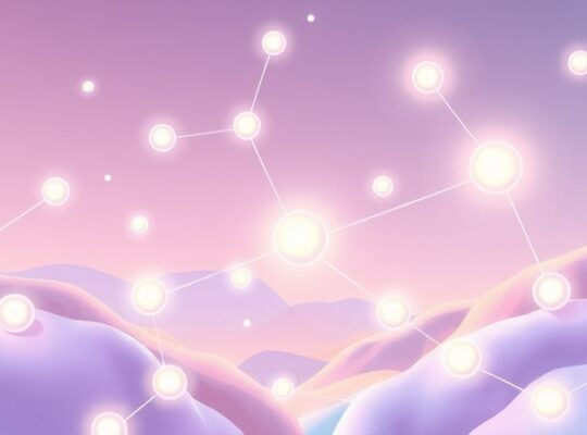 Eteryczny krajobraz połączonych neuronalnych ścieżek i świetlistych sfer.