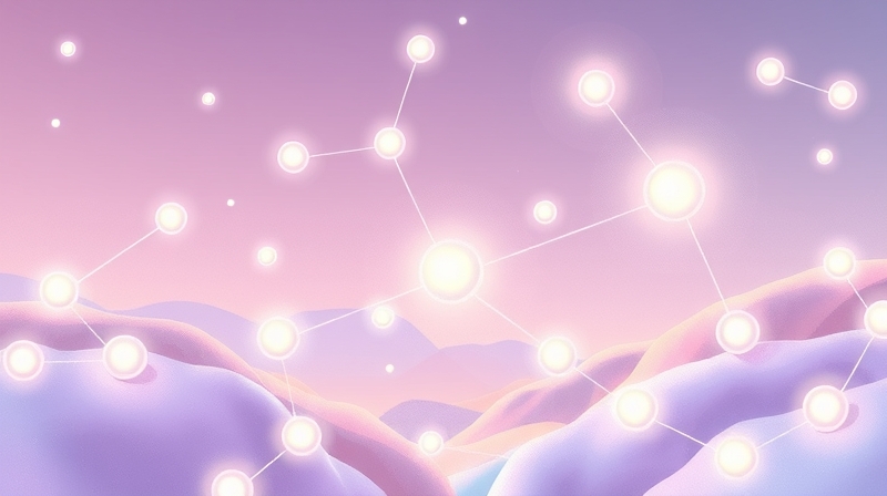 Eteryczny krajobraz połączonych neuronalnych ścieżek i świetlistych sfer.