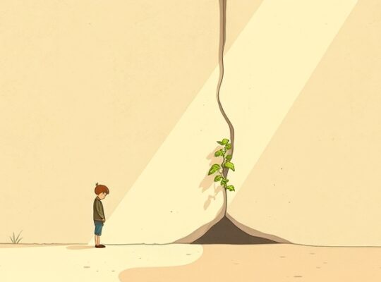 Delikatna roślina w pęknięciu muru, symbolizująca siłę w kruchości.