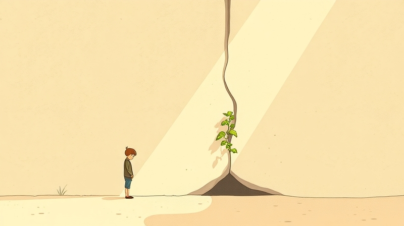 Delikatna roślina w pęknięciu muru, symbolizująca siłę w kruchości.