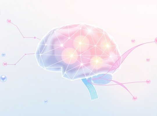 Stylizowany mózg z pastelowych linii, z tendrilami myśli i lęku przed porażką, delikatnie regulowanymi.