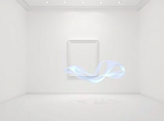 Minimalistyczna galeria z unoszącą się, niewidzialną ramą i eterycznymi, błękitno-białymi smugami.