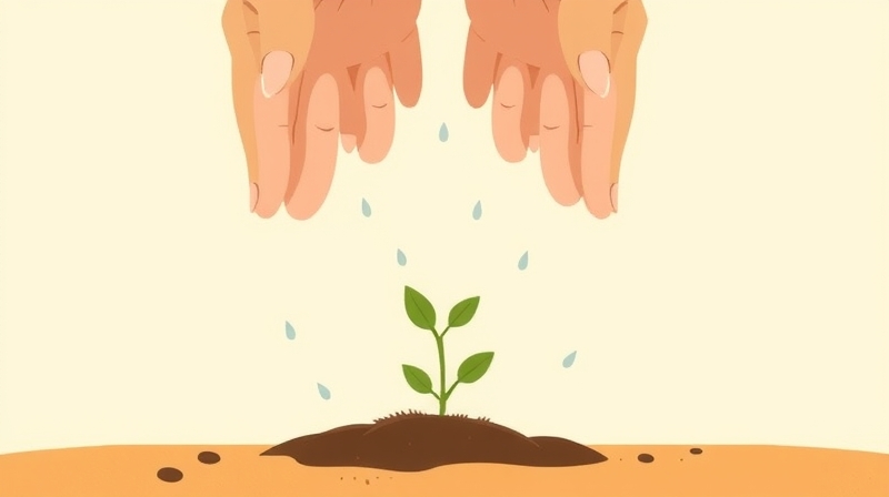 Delikatna ilustracja: dłoń wspiera kiełkującą roślinę ciepłym deszczem i słońcem.