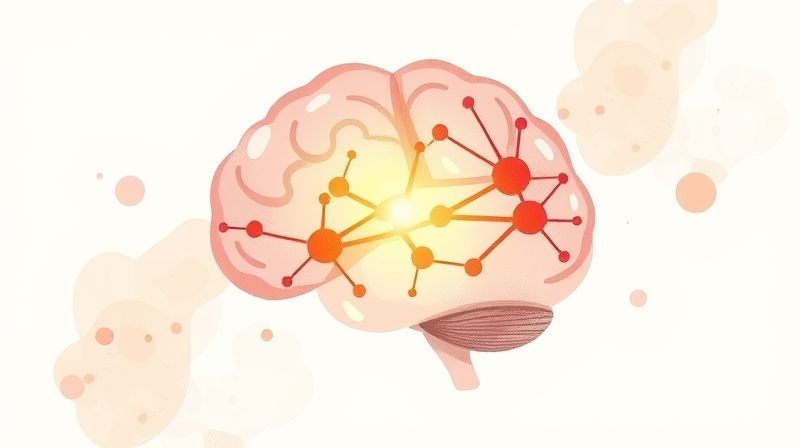 Stylizowany, akwarelowy mózg z rozświetlonymi ścieżkami neuronowymi symbolizującymi noradrenalinę.