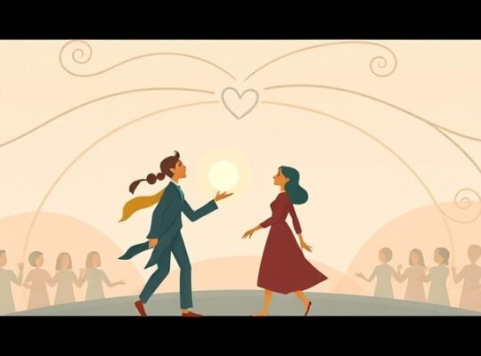 Sieć wspierających się postaci, jedna z nich z kulą osobistego wyboru, w pastelowej, kojącej palecie.