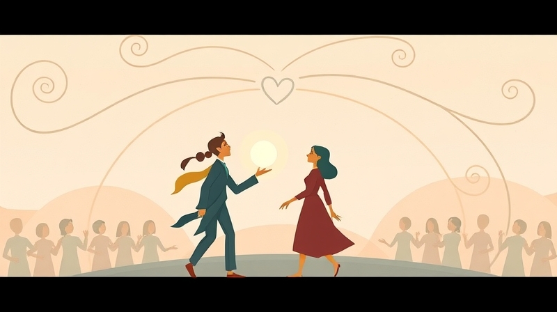 Sieć wspierających się postaci, jedna z nich z kulą osobistego wyboru, w pastelowej, kojącej palecie.