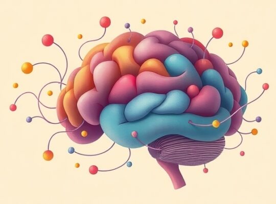 Sieć kory przedczołowej integruje barwne, złożone emocje, symbolizując zrozumienie i równowagę.