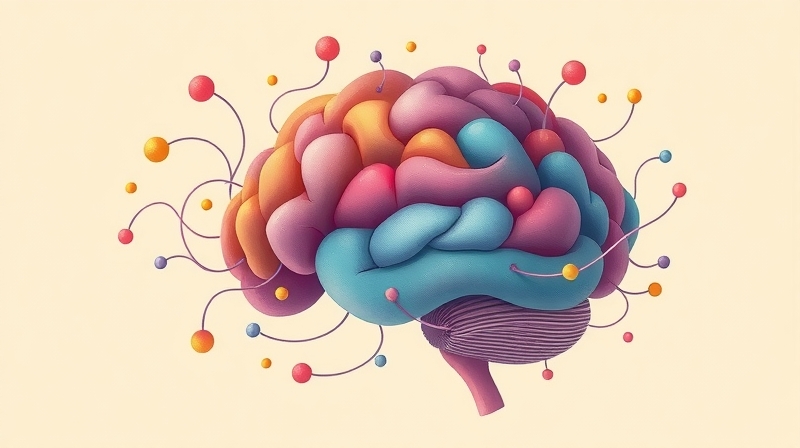 Sieć kory przedczołowej integruje barwne, złożone emocje, symbolizując zrozumienie i równowagę.
