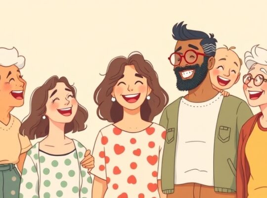 Wspólny śmiech radosnych ludzi w pastelowych barwach, łączący pokolenia.