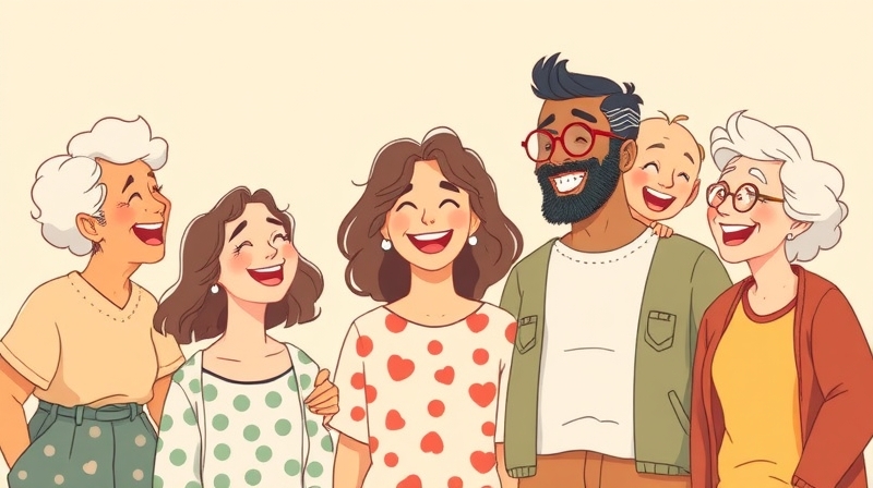 Wspólny śmiech radosnych ludzi w pastelowych barwach, łączący pokolenia.