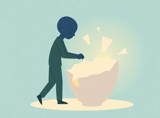 Stylowa postać łagodzi pęknięte naczynie, symbol terapeutycznego radzenia sobie z błędami.