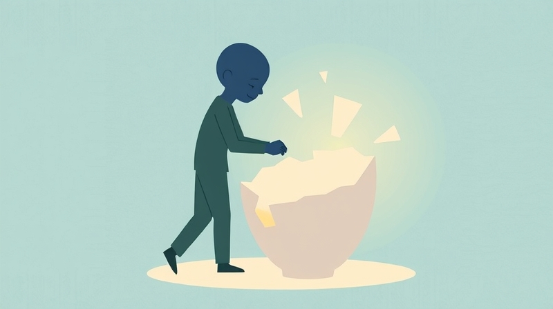 Stylowa postać łagodzi pęknięte naczynie, symbol terapeutycznego radzenia sobie z błędami.