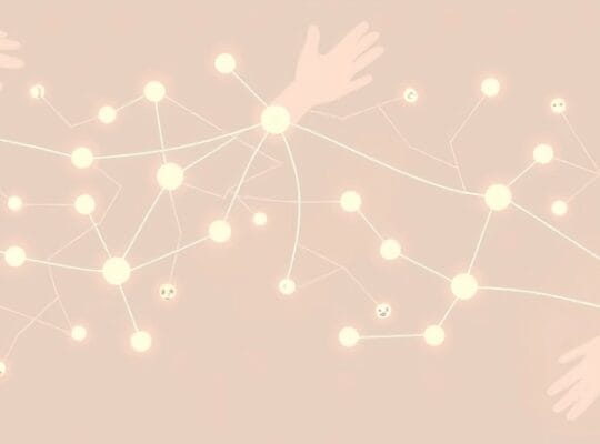 Abstrakcyjne, pastelowe ścieżki neuronowe w kształcie dłoni, subtelne ikony emocji, spokój, zrozumienie.