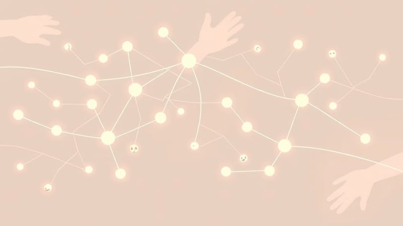 Abstrakcyjne, pastelowe ścieżki neuronowe w kształcie dłoni, subtelne ikony emocji, spokój, zrozumienie.