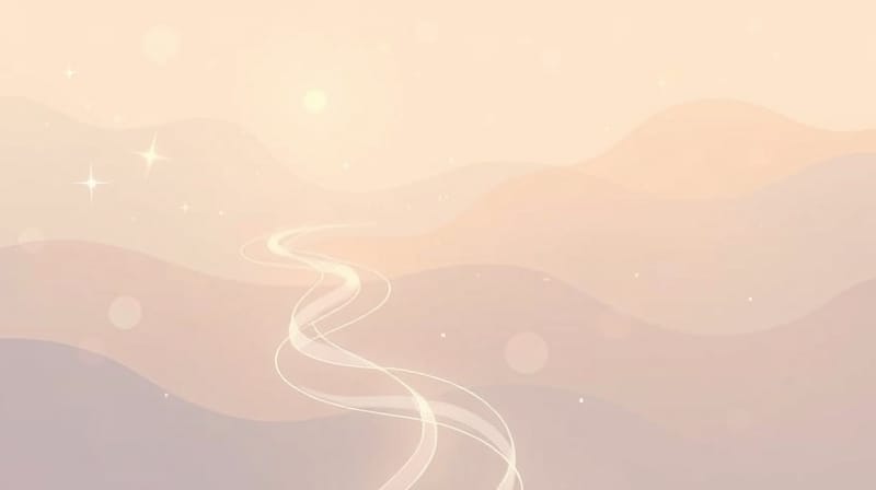 Abstrakcyjna ścieżka emocji, pastelowa, subtelna, łagodne światło, wewnętrzna podróż.