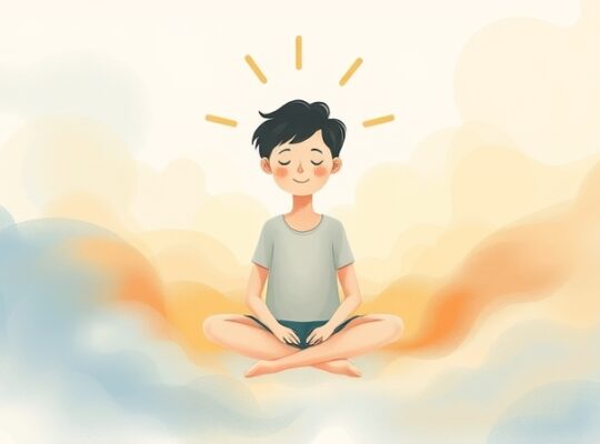 Osoba siedzi spokojnie, otulona pastelową mgłą emocji, emanując pokojem.