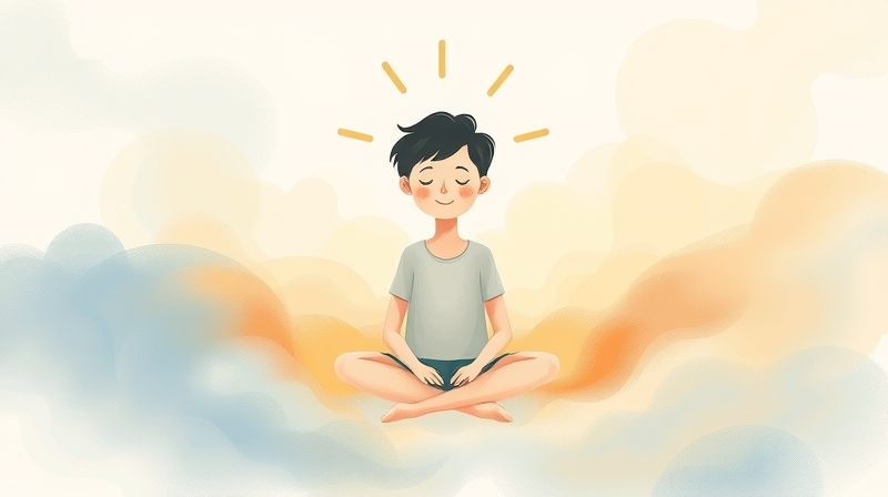 Osoba siedzi spokojnie, otulona pastelową mgłą emocji, emanując pokojem.