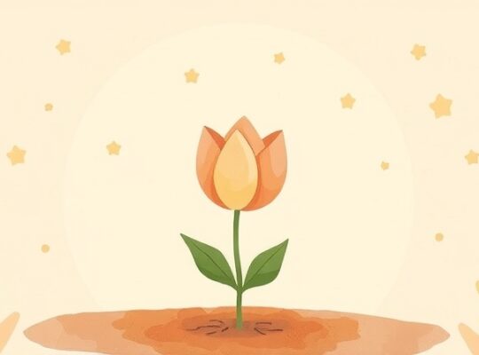 Rozwijający się kwiat otoczony pastelowymi myślami, symbolizujący podróż do autentyczności i wzrostu.