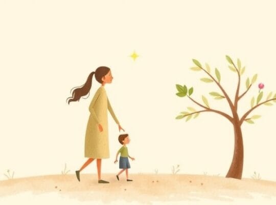 Rodzic i dziecko połączeni światłem, symbolizujący silną więź i opiekę.