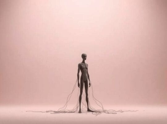 Abstrakcyjna, samotna postać z nici, na skraju rozpadu, w pastelowej przestrzeni.