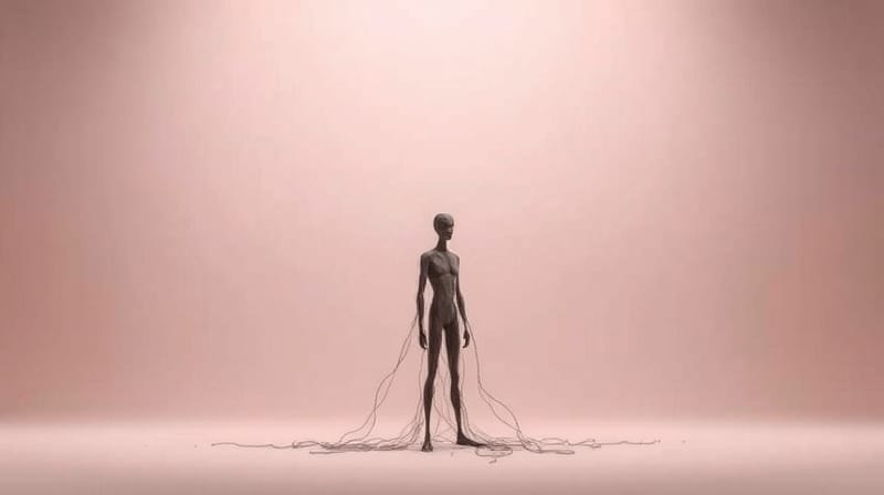 Abstrakcyjna, samotna postać z nici, na skraju rozpadu, w pastelowej przestrzeni.