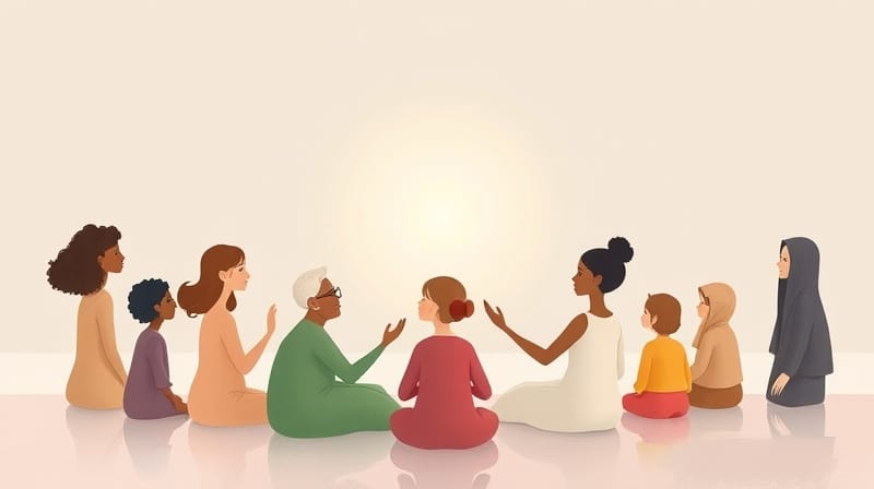 Absolutne, pastelowe postacie w łagodnym blasku, symbolizujące wpływ społeczny na decyzje etyczne.