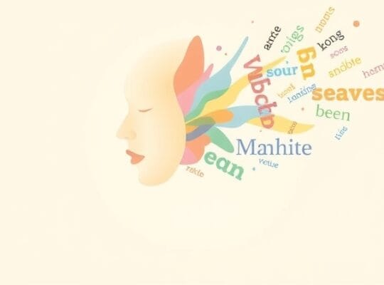 Sylwetka głowy z rozpadającymi się myślami i słowami wpływającymi na pamięć.