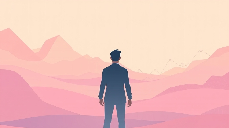 Abstrakcyjny krajobraz pastelowych kształtów, samotna sylwetka, linie społeczne.