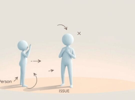 Abstrakcyjne, pastelowe kształty P, O i X połączone liniami, symbolizujące równowagę w konflikcie.