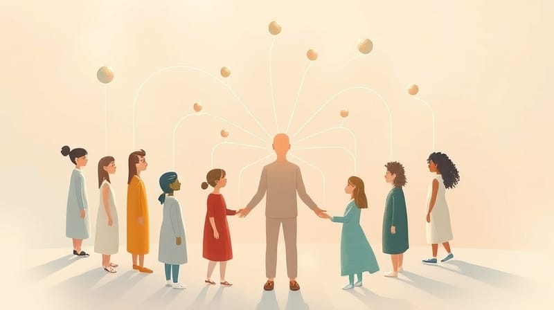 Abstrakcyjne postacie połączone świetlistymi nićmi wirują w harmonijnym tańcu wzajemnych powiązań.