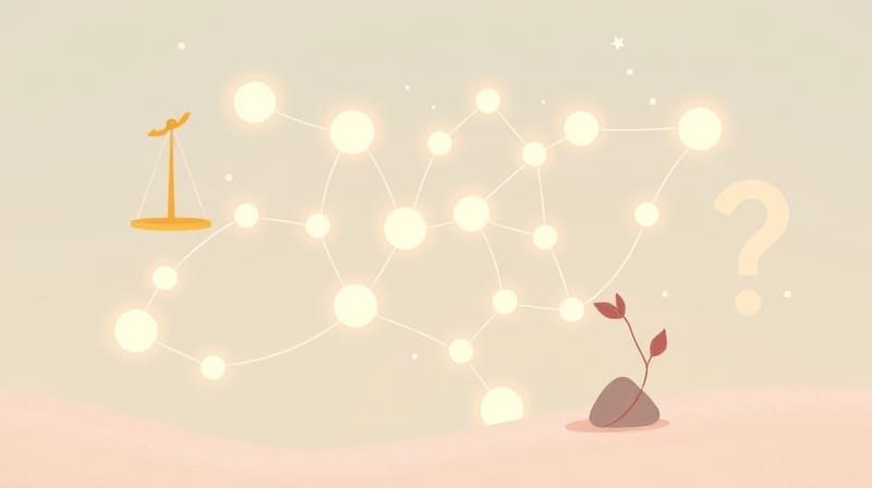 Symboliczna ścieżka neonowych węzłów, ukazująca wartość, koszt i niepewność w motywacji.