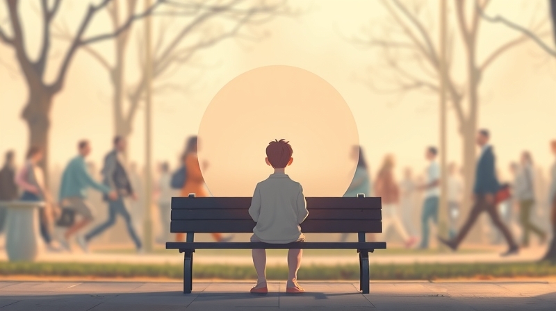 Samotna postać w bańce, wśród rozmytego tłumu, w pastelowej, marzycielskiej scenerii.