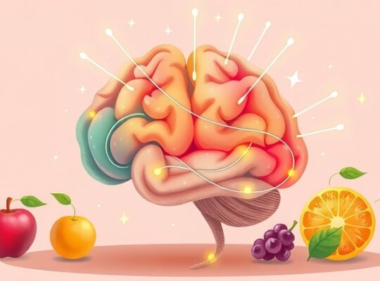 Stylizowana ilustracja mózgu z promieniami antyoksydantów, otoczonego owocami i warzywami.