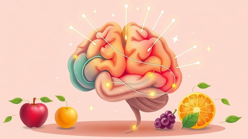 Stylizowana ilustracja mózgu z promieniami antyoksydantów, otoczonego owocami i warzywami.