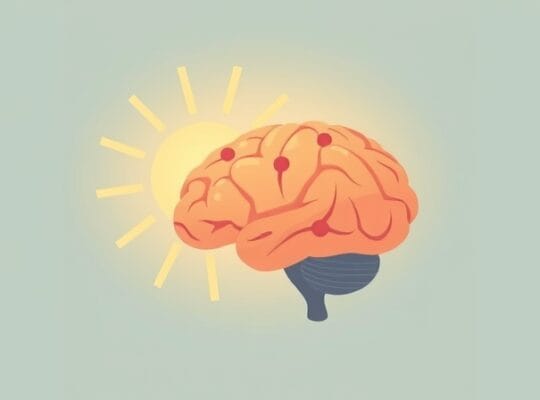 Stylizowany promień słońca rozświetla mózg, symbolizując poprawę nastroju.