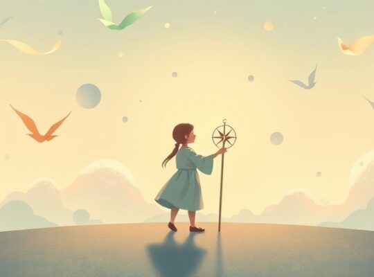 Uosobienie mądrej decyzji na rozdrożu, oświetlone wewnętrznym kompasem, otoczone unoszącymi się emocjami.