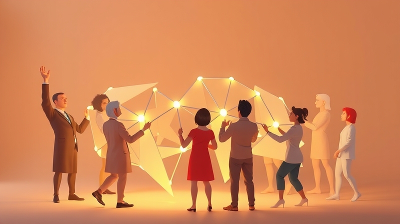 Abstrakcyjne kształty łączą się, tworząc świetlistą strukturę, symbolizując współpracę i kreatywność.