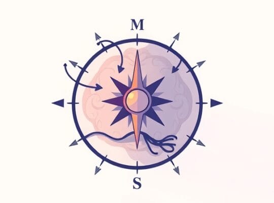 Stylizowany mózg jako kompas, strzałki pewności tonące w abstrakcyjnej mgle.