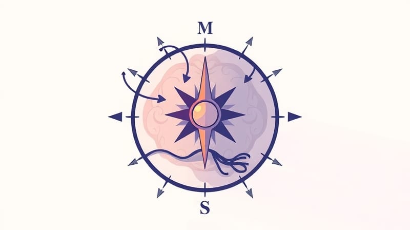 Stylizowany mózg jako kompas, strzałki pewności tonące w abstrakcyjnej mgle.