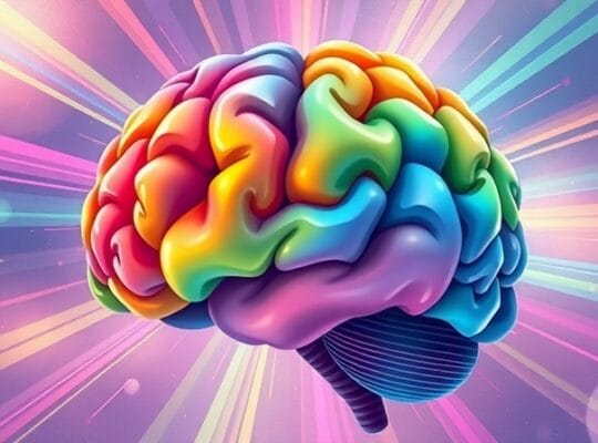 Surrealny mózg-pryzmat rozszczepia światło na barwy emocji i interpretacji.