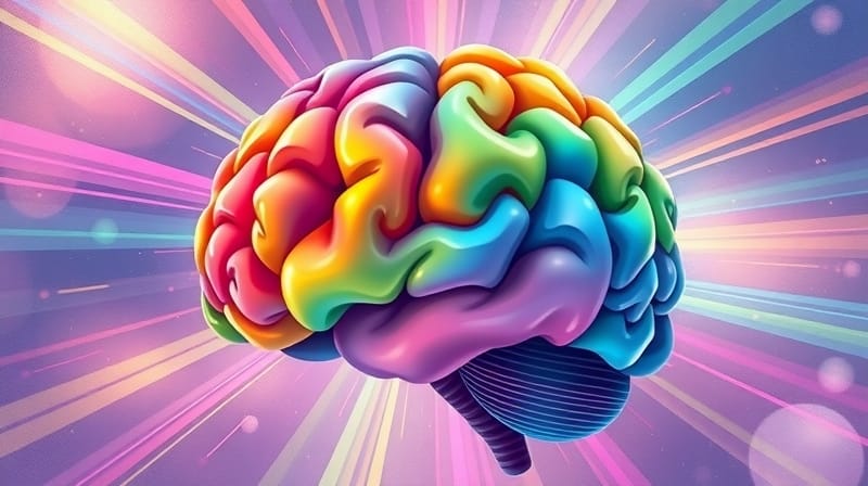 Surrealny mózg-pryzmat rozszczepia światło na barwy emocji i interpretacji.