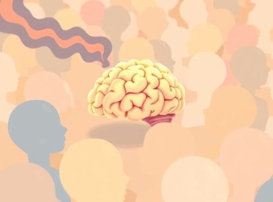 Stylizowany, pastelowy mózg reaguje na intensywniejsze kolory w tłumie postaci.