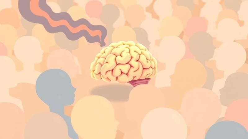 Stylizowany, pastelowy mózg reaguje na intensywniejsze kolory w tłumie postaci.