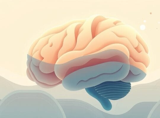 Stylizowany, pastelowy mózg jako eteryczny krajobraz z delikatnymi ścieżkami neuronowymi i subtelnym zaburzeniem od niespodziewanego dźwięku.